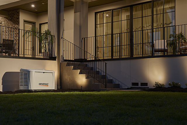 Generac standby generator installed outside a residential home in Blairstown at dusk