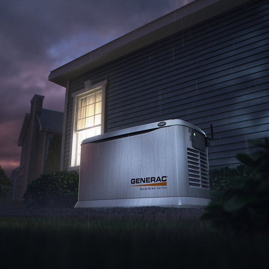 Generac backup generator running during a storm at night at home in Blairstown, NJ