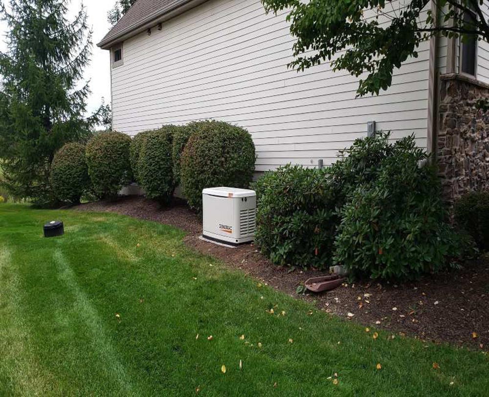generator outside home between shrubs